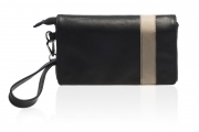 Pochette da uomo in vera pelle nera con riga beige