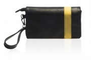 Pochette da uomo in vera pelle nera con riga gialla